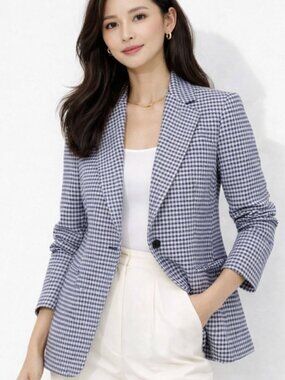 TALBOTS Houndstooth Blazer in White Blue US 10 Preppy Old Money Office Academia